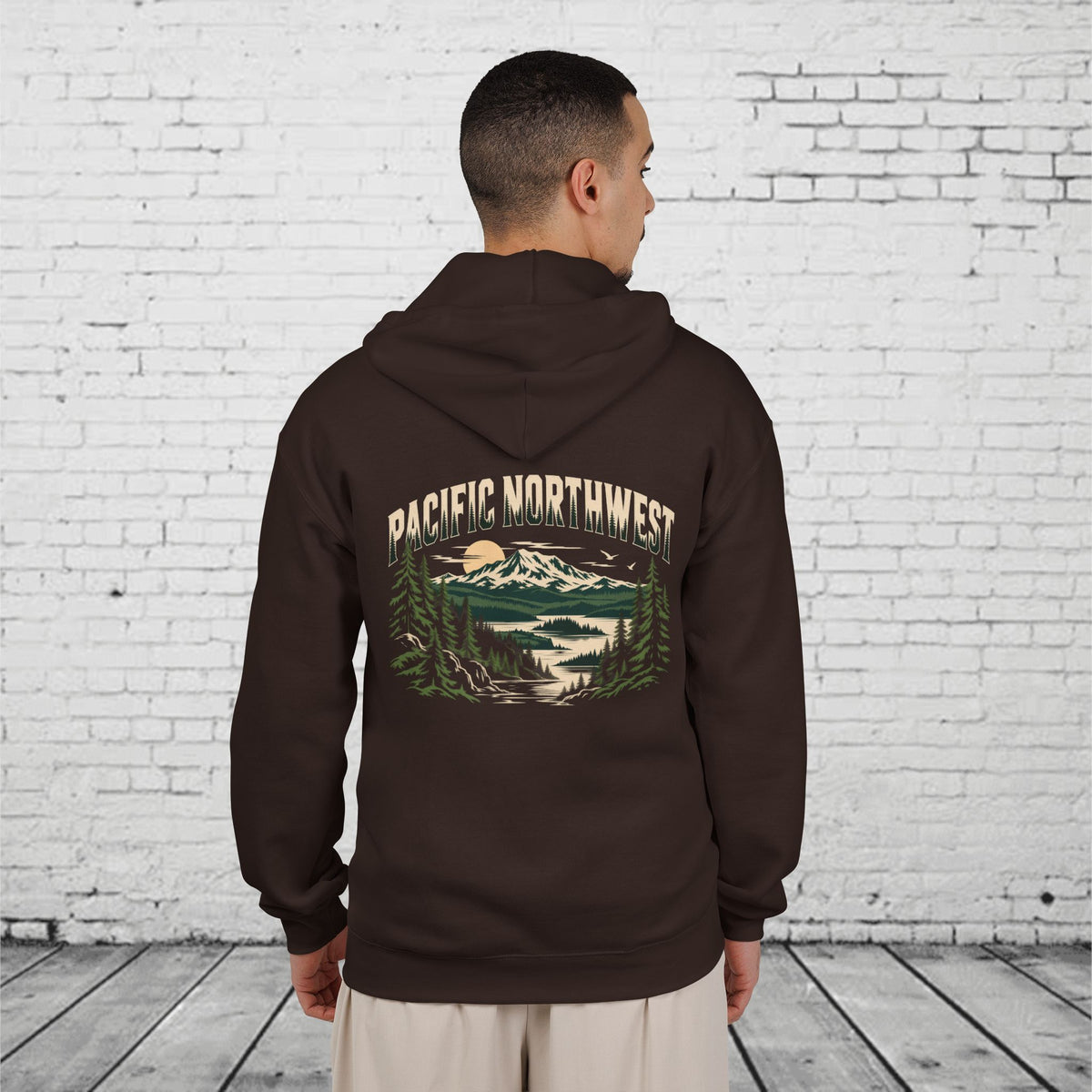 Pacific Northwest Mountain Lake Full-Zip Hoodie – PNW Evergreen Outdoor Back Graphic