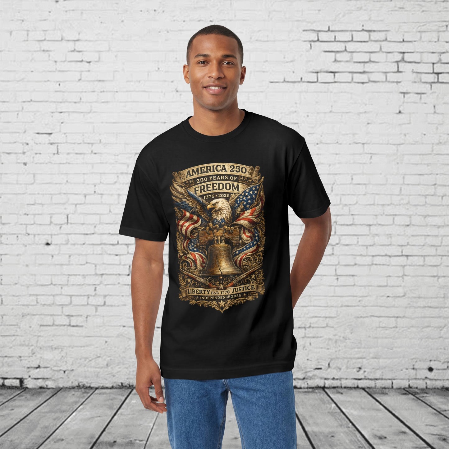 America 250 Liberty & Justice Patriotic T-Shirt | 250 Years of Freedom Eagle & Liberty Bell Graphic Tee | Independence Day 2026 Unisex Shirt