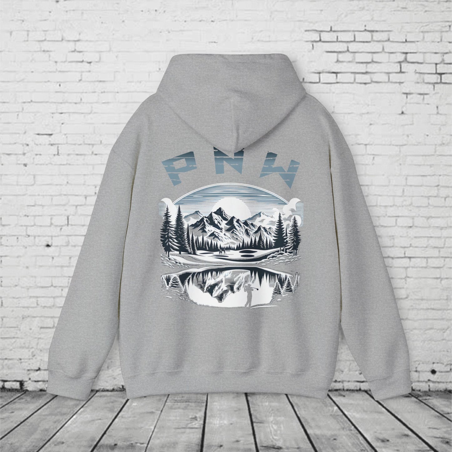 PNW Golf Hoodie – Pacific Northwest Mountain Golf Course Graphic, Vintage Nature Style Unisex Heavy Blend™ Hoodie