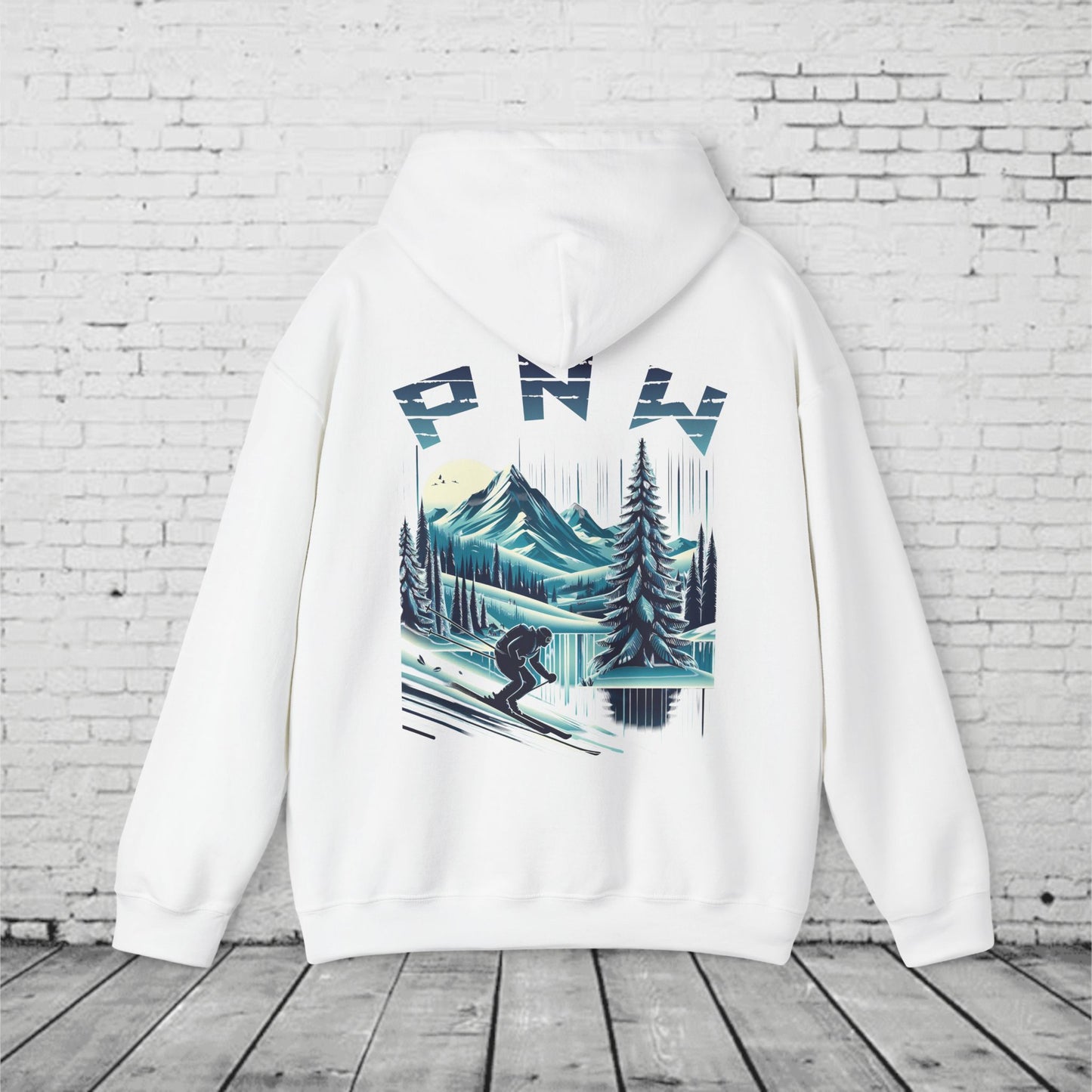 PNW Ski Hoodie – Retro Pacific Northwest Mountain Skiing Hoodie | Unisex Heavy Blend Winter Sweatshirt