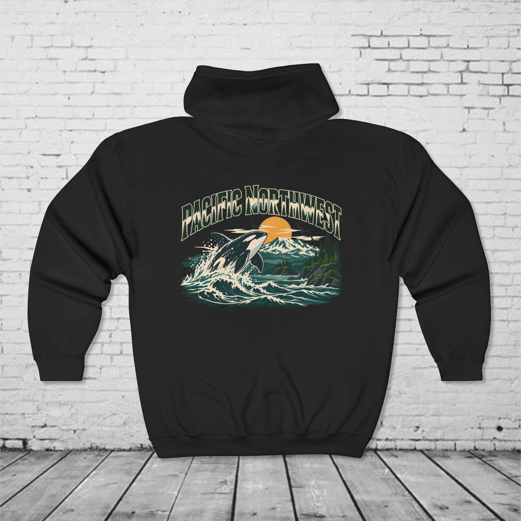 Pacific Northwest Orca Full-Zip Hoodie – PNW Mountain & Ocean Back Graphic