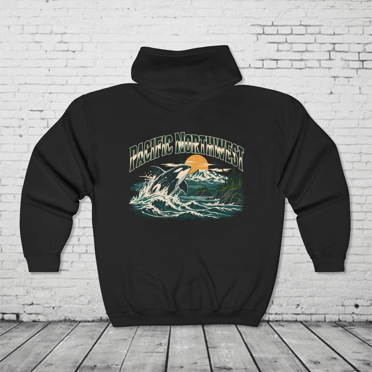 Pacific Northwest Orca Full-Zip Hoodie – PNW Mountain & Ocean Back Graphic