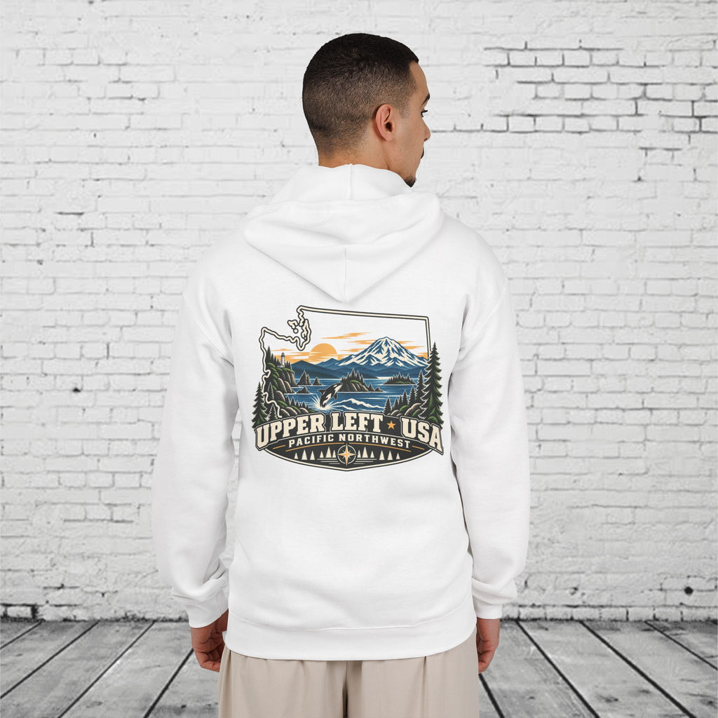 Upper Left USA Full-Zip Hoodie – Pacific Northwest Orca & Mountain Back Graphic