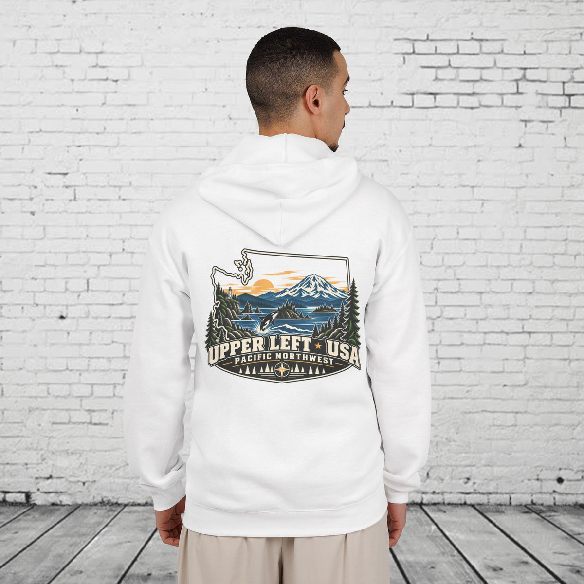 Upper Left USA Full-Zip Hoodie – Pacific Northwest Orca & Mountain Back Graphic