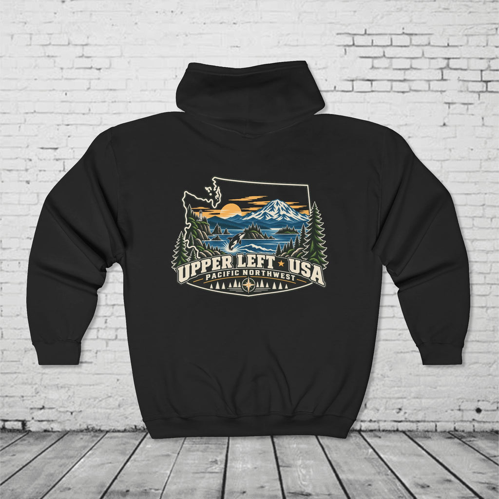 Upper Left USA Full-Zip Hoodie – Pacific Northwest Orca & Mountain Back Graphic