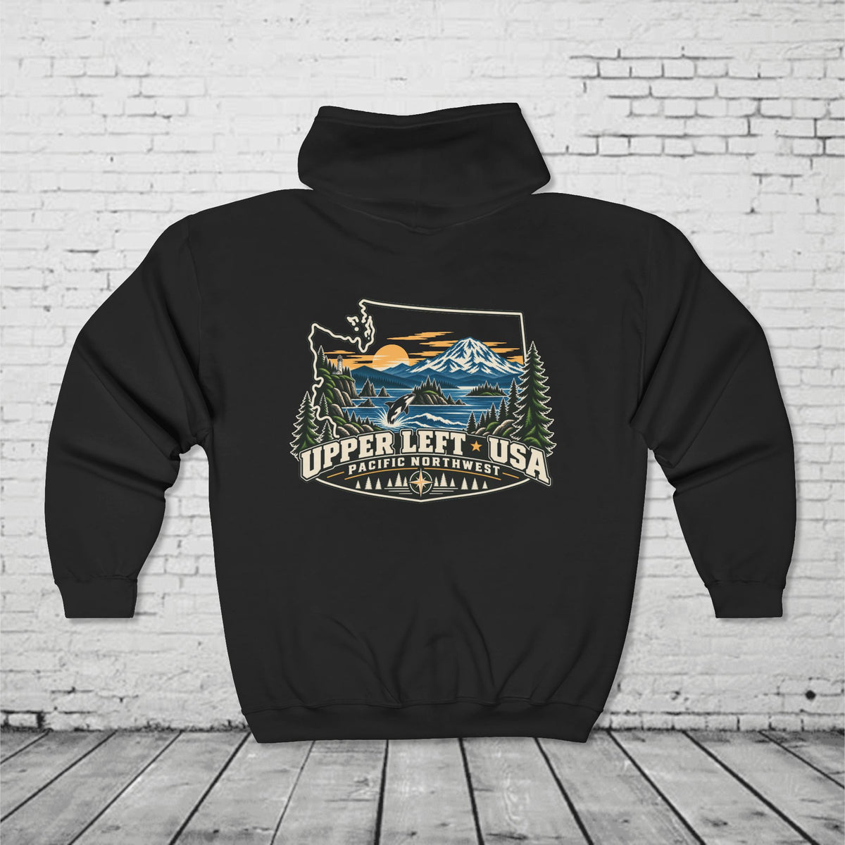 Upper Left USA Full-Zip Hoodie – Pacific Northwest Orca & Mountain Back Graphic