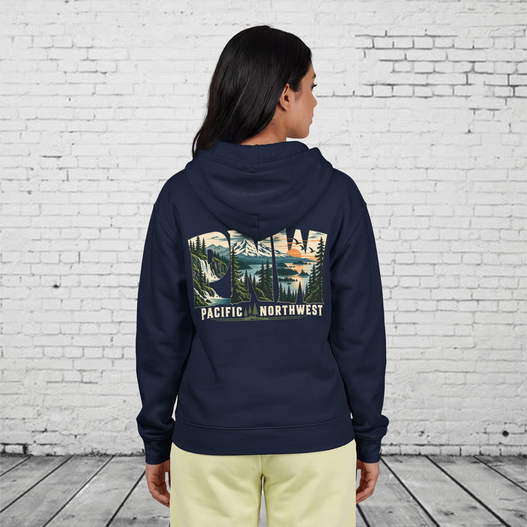 PNW Pacific Northwest Scenic Full-Zip Hoodie – Mountain Forest Waterfall Back Graphic
