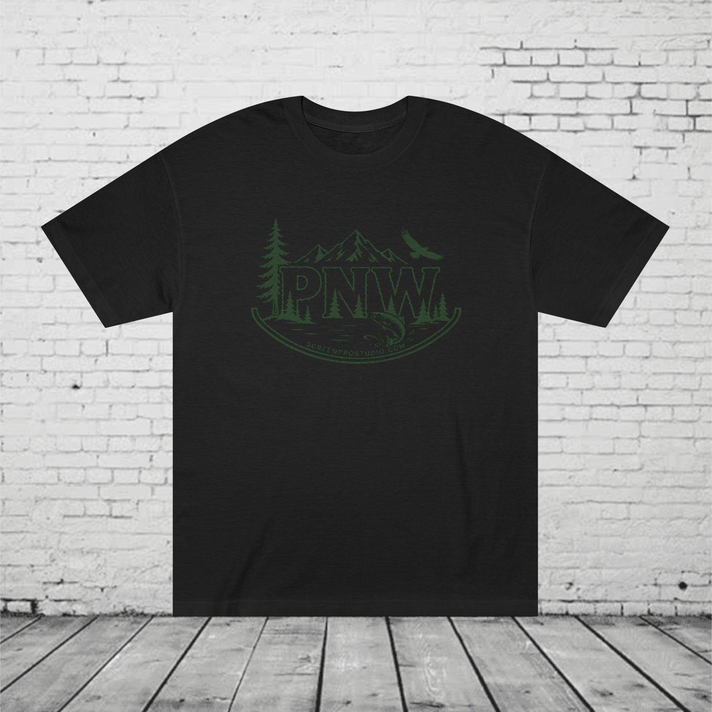 PNW Forest Badge T-Shirt | Pacific Northwest Mountain, Pine Tree & Salmon Graphic Tee