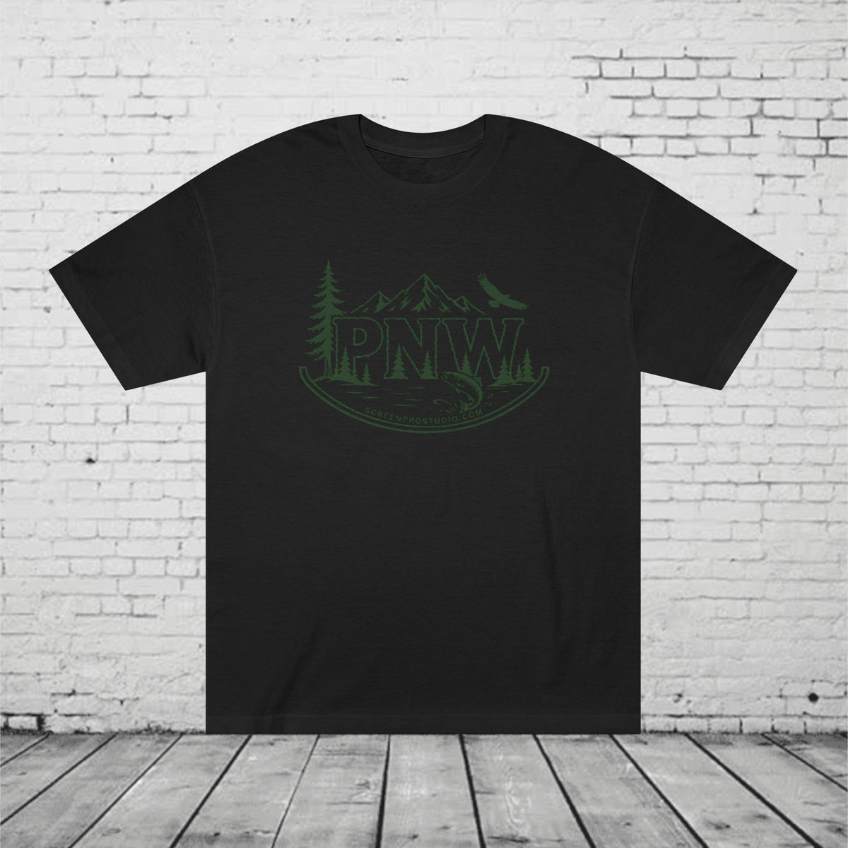 PNW Forest Badge T-Shirt | Pacific Northwest Mountain, Pine Tree & Salmon Graphic Tee