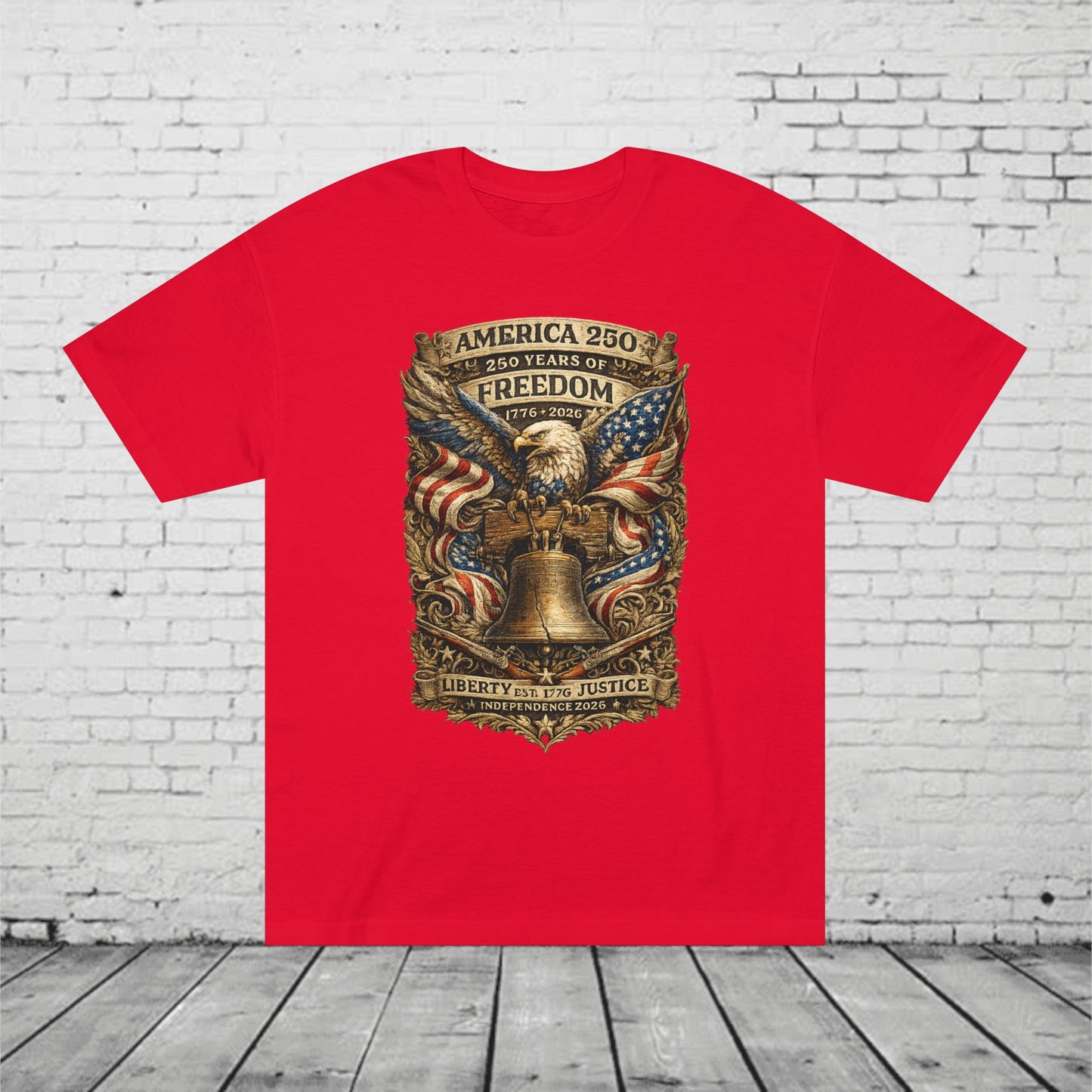 America 250 Liberty & Justice Patriotic T-Shirt | 250 Years of Freedom Eagle & Liberty Bell Graphic Tee | Independence Day 2026 Unisex Shirt