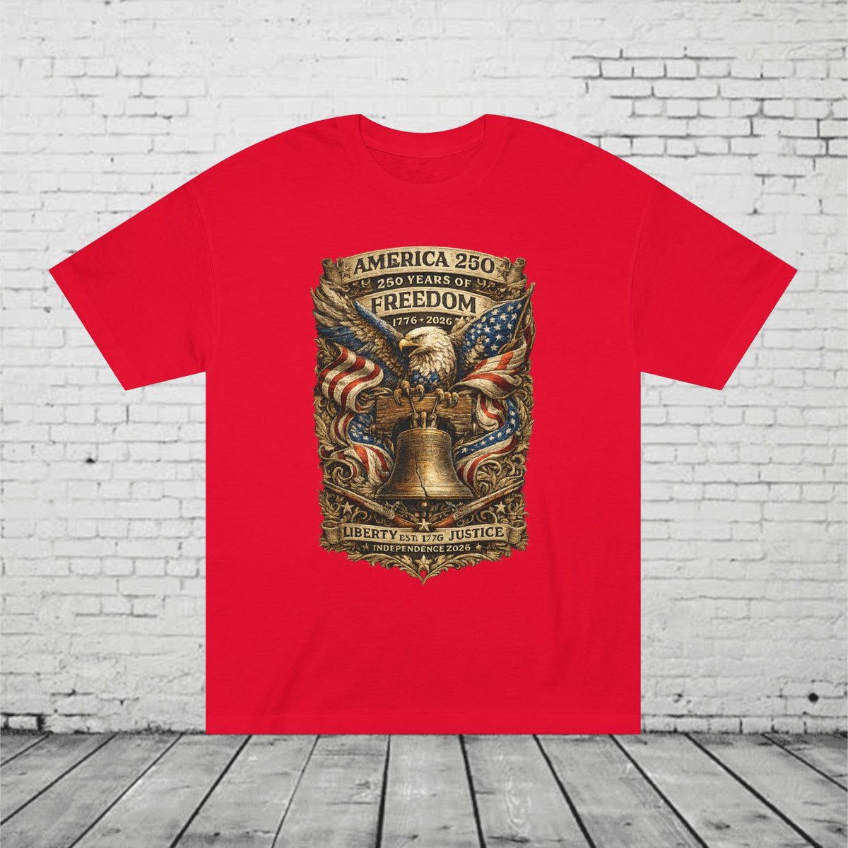 America 250 Liberty & Justice Patriotic T-Shirt | 250 Years of Freedom Eagle & Liberty Bell Graphic Tee | Independence Day 2026 Unisex Shirt