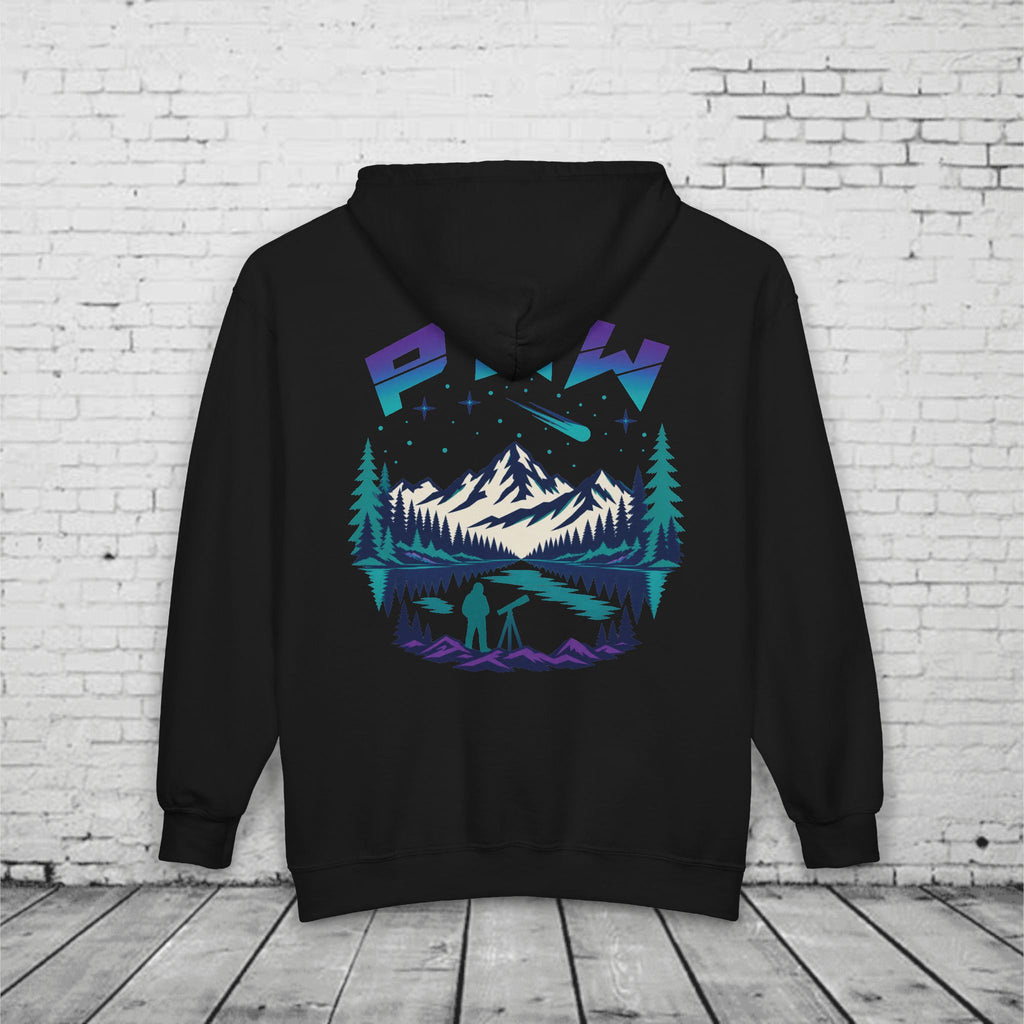 PNW Stargazer Full-Zip Hoodie – Pacific Northwest Mountain Night Sky Adventure Sweatshirt