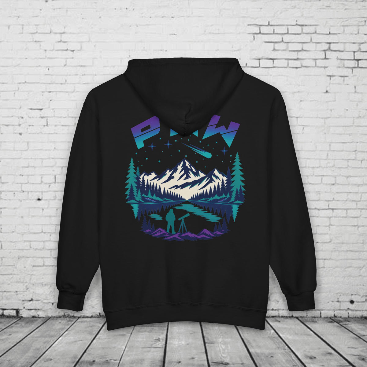 PNW Stargazer Full-Zip Hoodie – Pacific Northwest Mountain Night Sky Adventure Sweatshirt