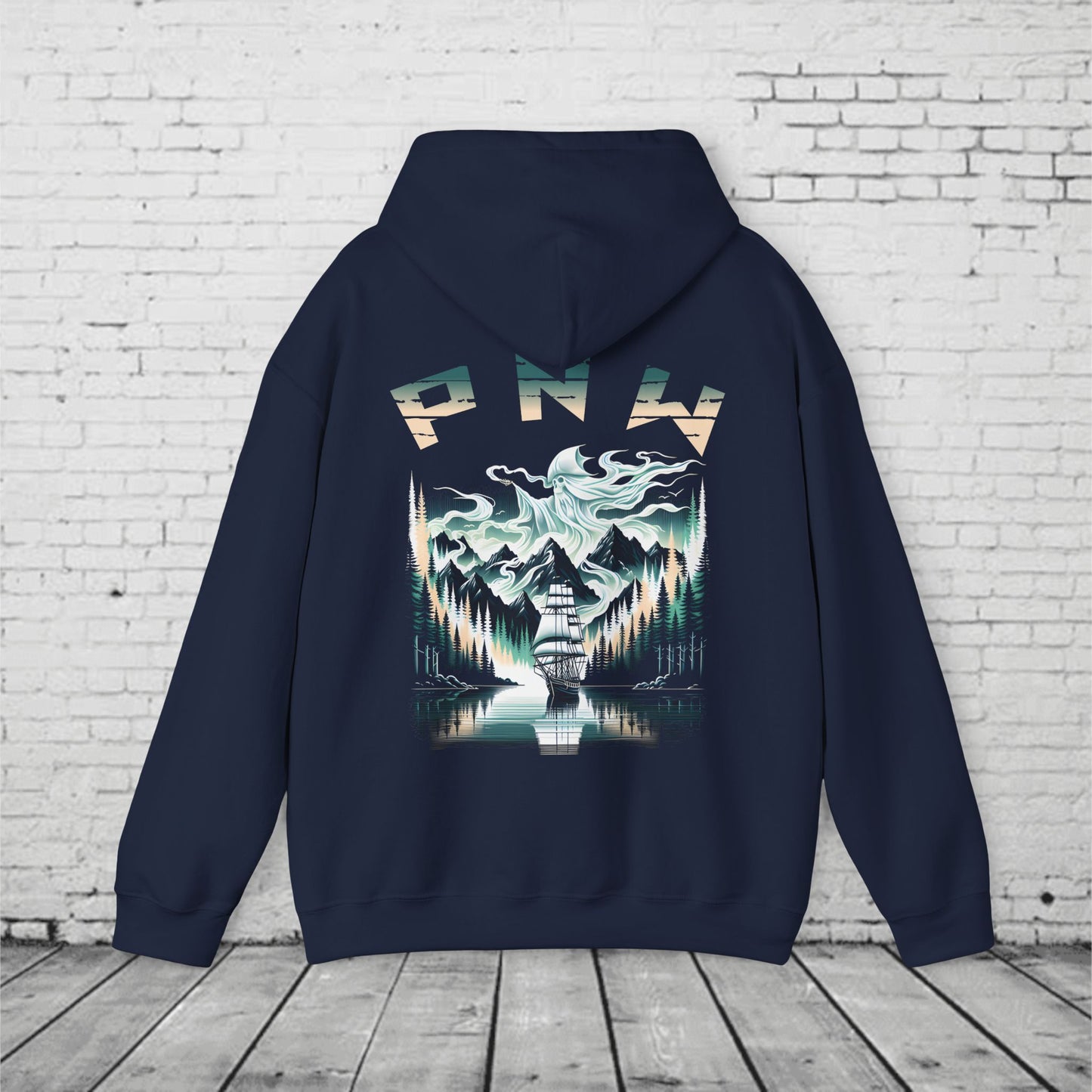 Pacific Northwest Hoodie – PNW Foggy Forest Sailing Ship Sweatshirt, Mystic Adventure Hoodie, Unisex Heavy Blend Pullover