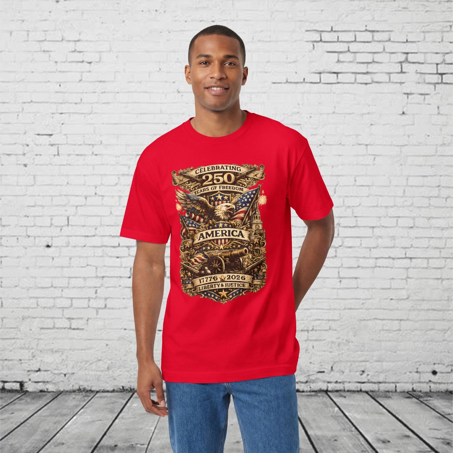 America 250 Years of Freedom Patriotic T-Shirt | 1776–2026 Semiquincentennial Eagle, Flag & Cannon Tee | Liberty & Justice Unisex Shirt