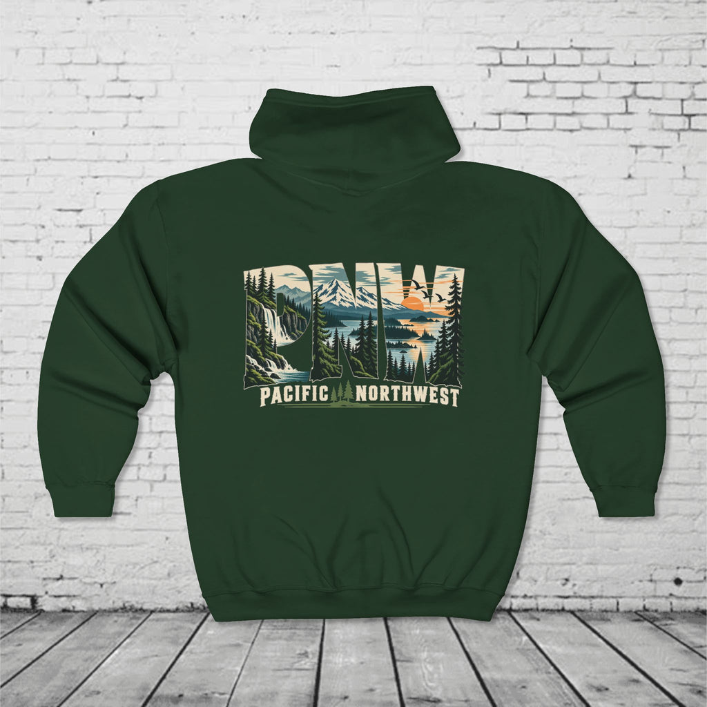 PNW Pacific Northwest Scenic Full-Zip Hoodie – Mountain Forest Waterfall Back Graphic