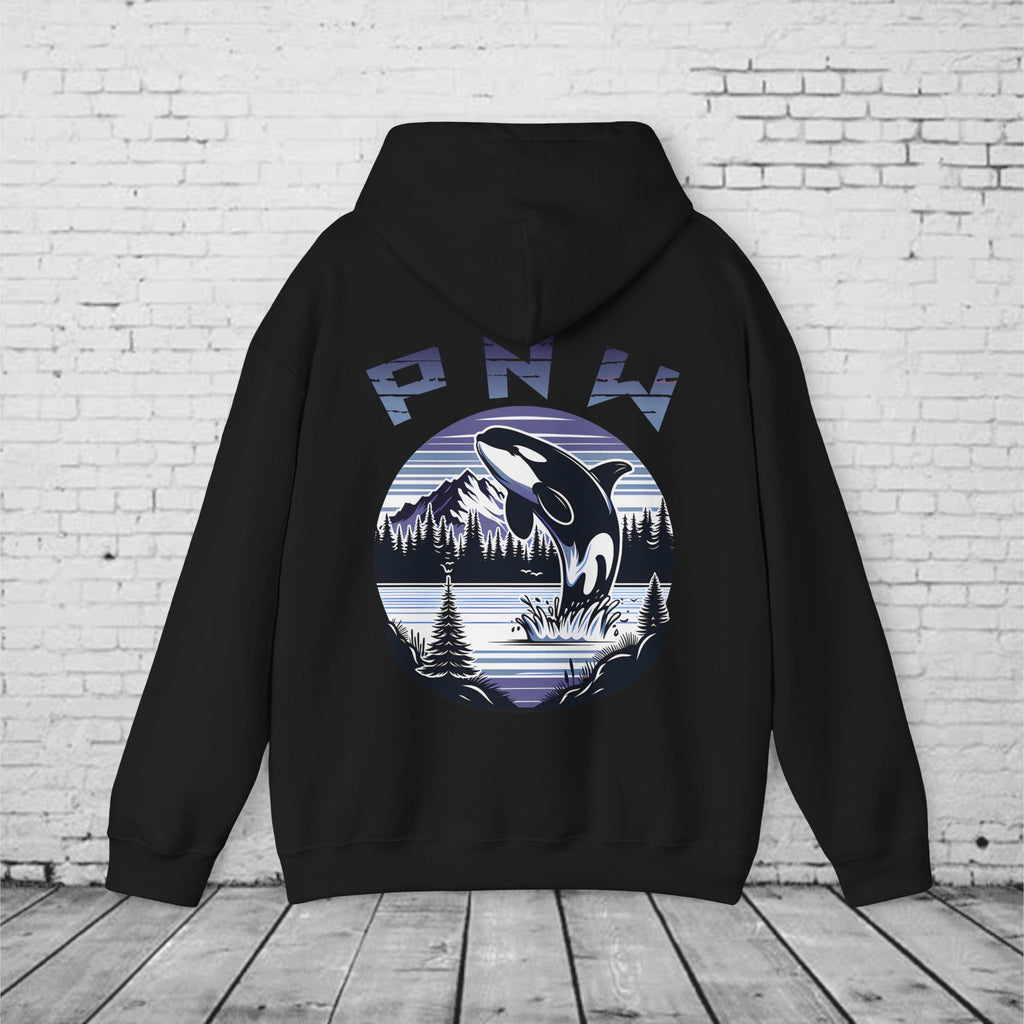 PNW Orca Hoodie – Pacific Northwest Whale, Mountain & Forest Graphic Unisex Hooded Sweatshirt