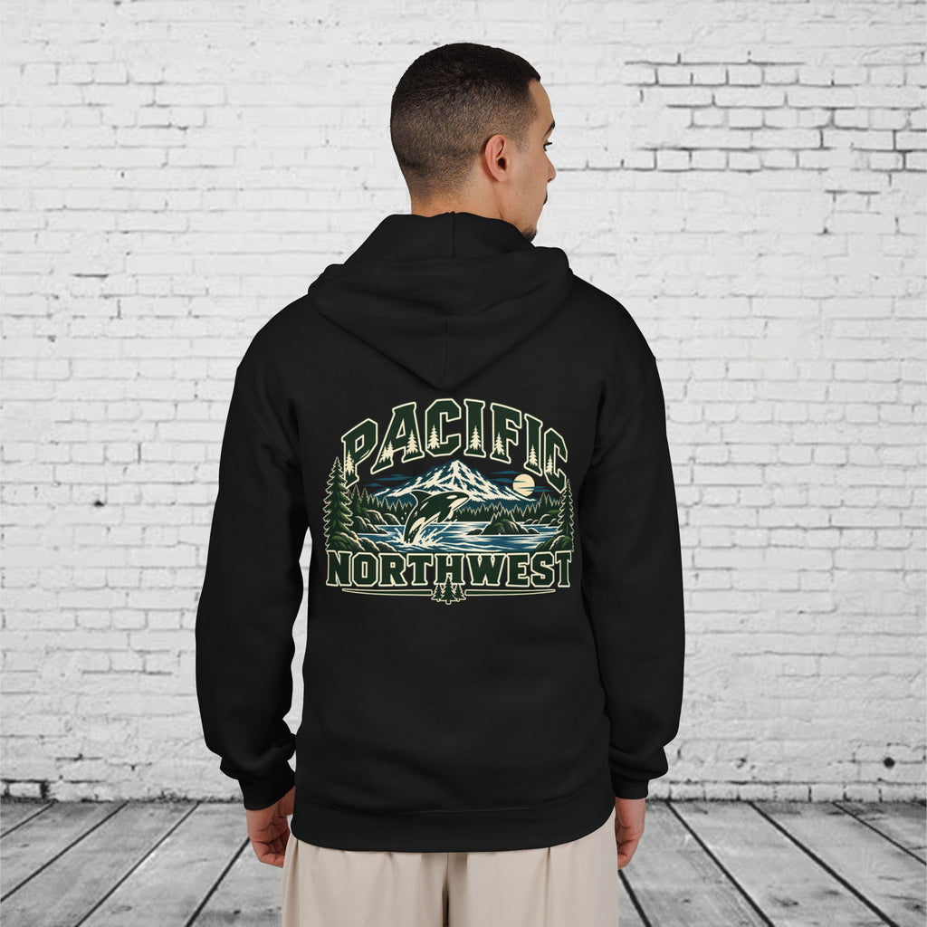 Wild Pacific Orca Full-Zip Hoodie – Pacific Northwest Mountain & Ocean Back Graphic
