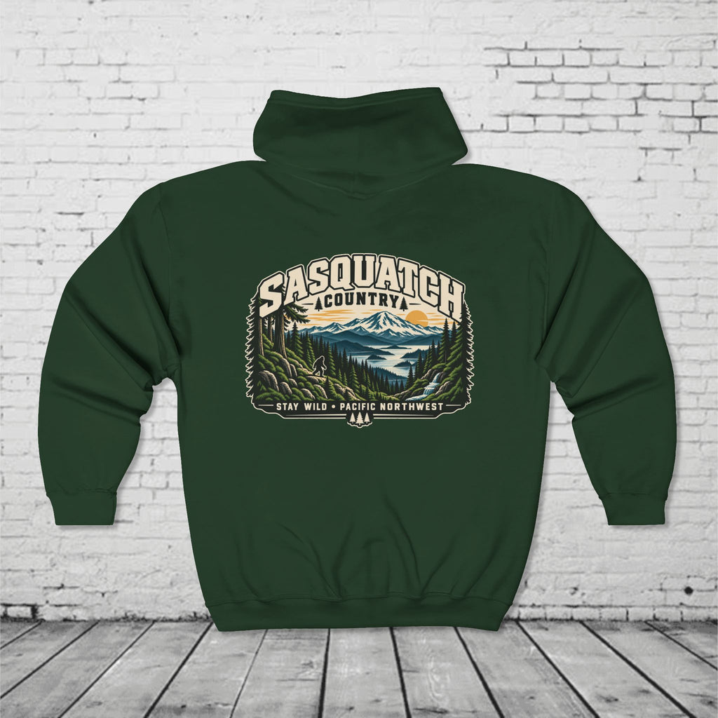 Sasquatch Country Full-Zip Hoodie – Stay Wild Pacific Northwest Bigfoot Back Graphic