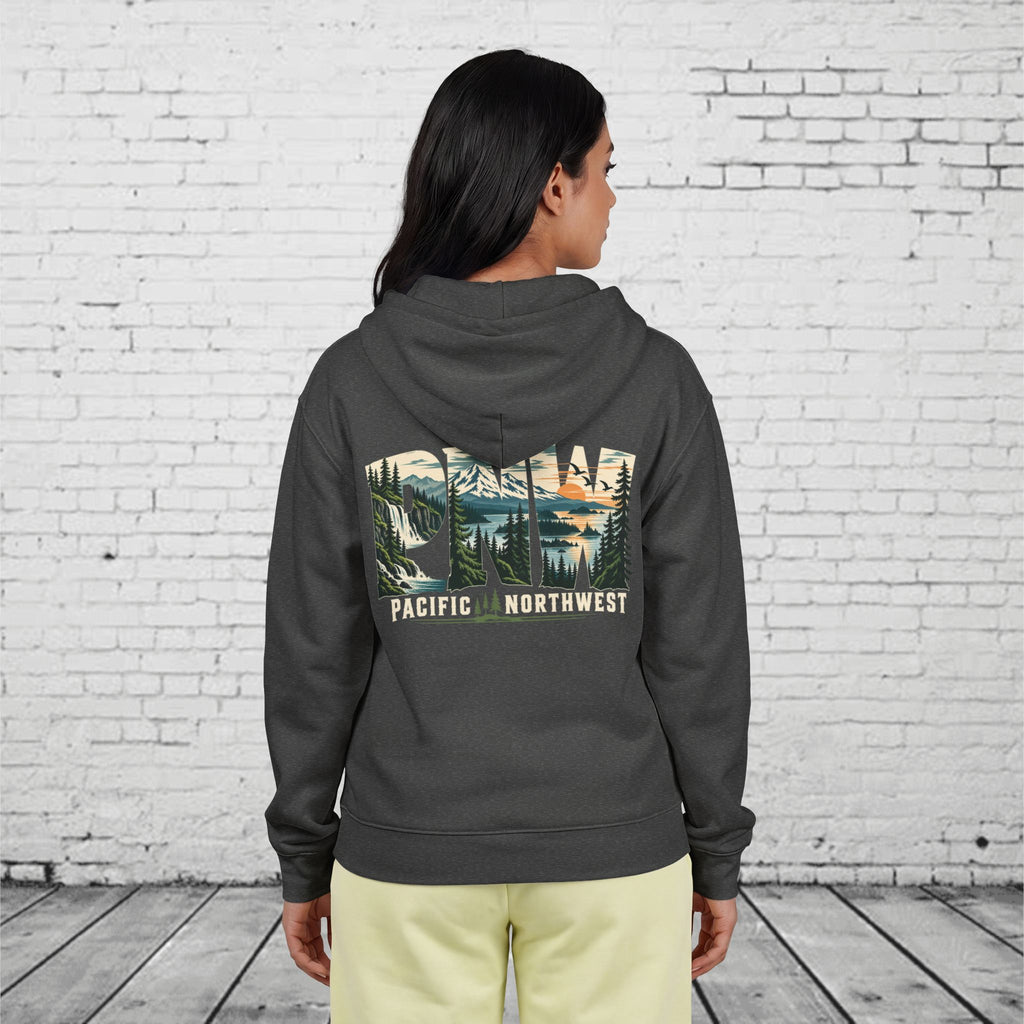 PNW Pacific Northwest Scenic Full-Zip Hoodie – Mountain Forest Waterfall Back Graphic