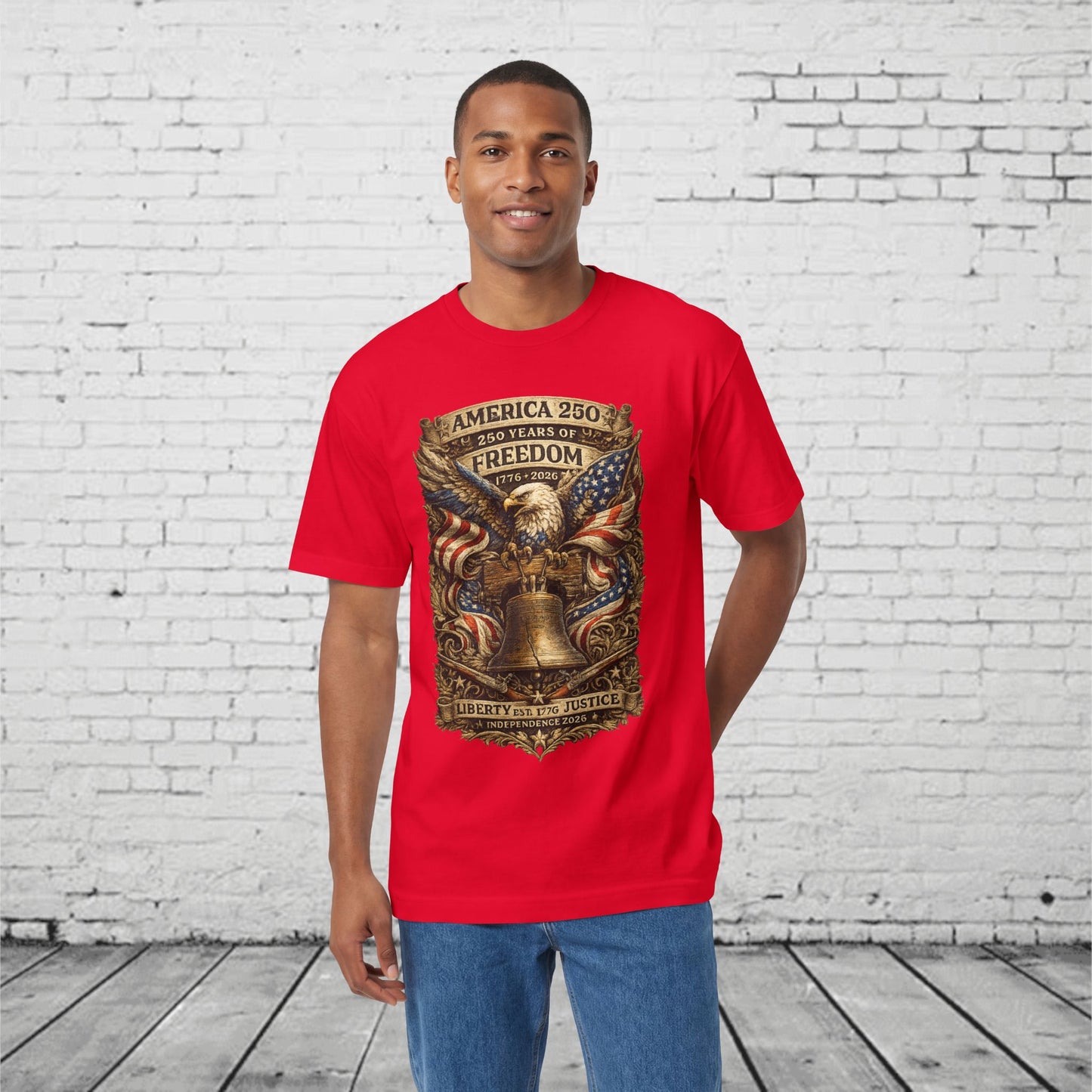 America 250 Liberty & Justice Patriotic T-Shirt | 250 Years of Freedom Eagle & Liberty Bell Graphic Tee | Independence Day 2026 Unisex Shirt