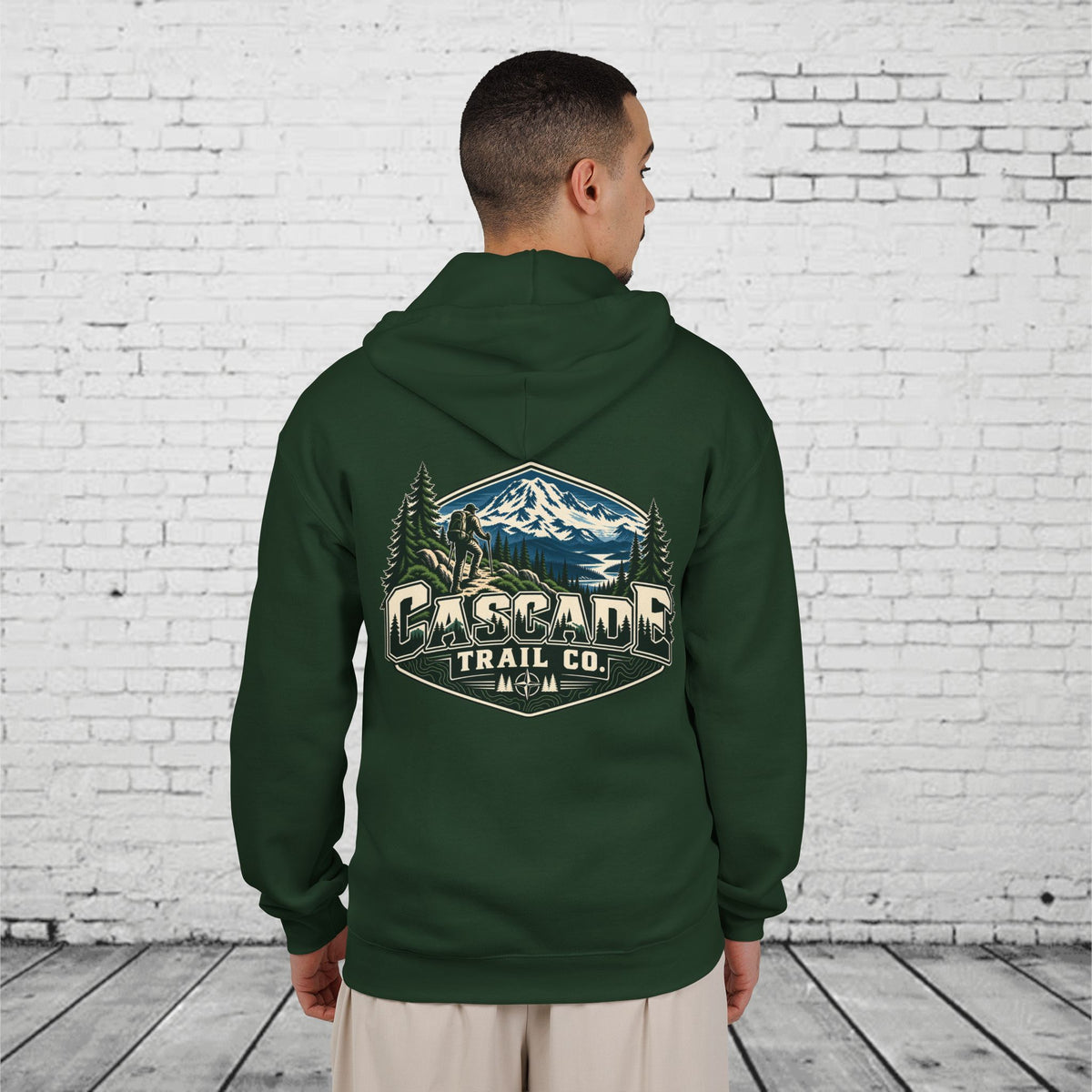 Cascade Trail Co. Full-Zip Hoodie – PNW Mountain Hiker Outdoor Back Graphic