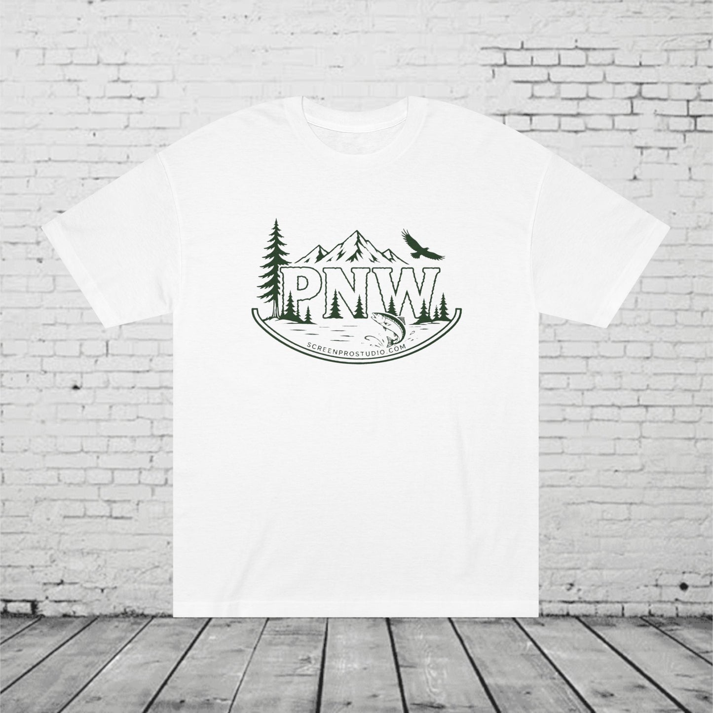 PNW Forest Badge T-Shirt | Pacific Northwest Mountain, Pine Tree & Salmon Graphic Tee