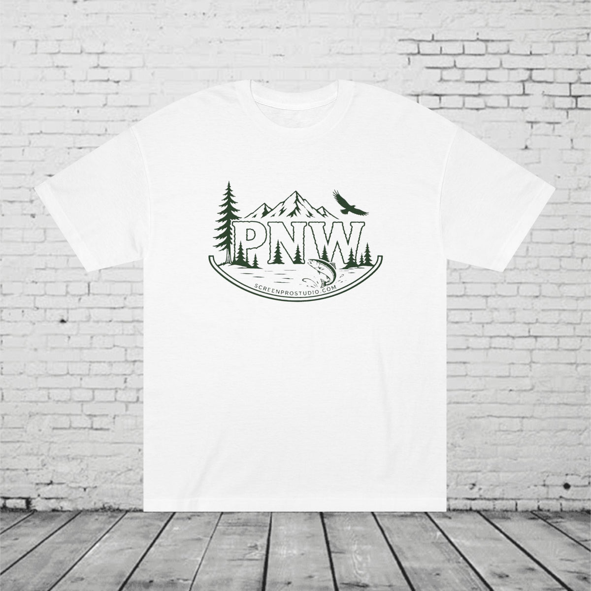 PNW Forest Badge T-Shirt | Pacific Northwest Mountain, Pine Tree & Salmon Graphic Tee