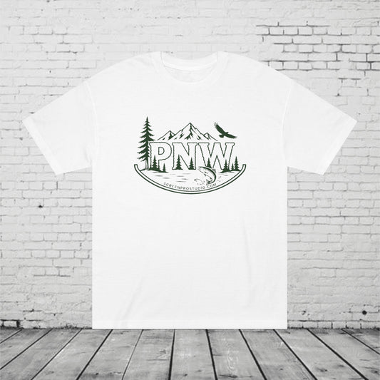 PNW Forest Badge T-Shirt | Pacific Northwest Mountain, Pine Tree & Salmon Graphic Tee