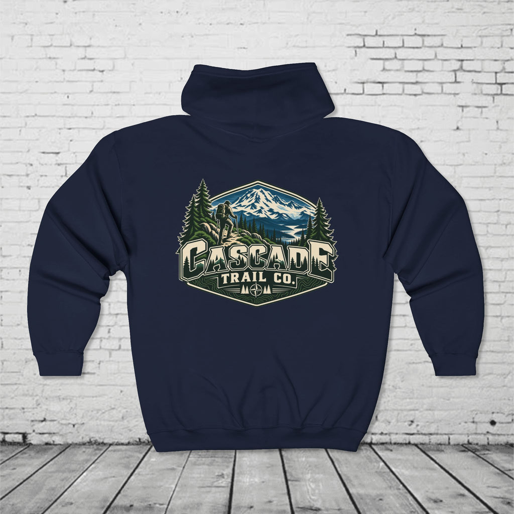 Cascade Trail Co. Full-Zip Hoodie – PNW Mountain Hiker Outdoor Back Graphic