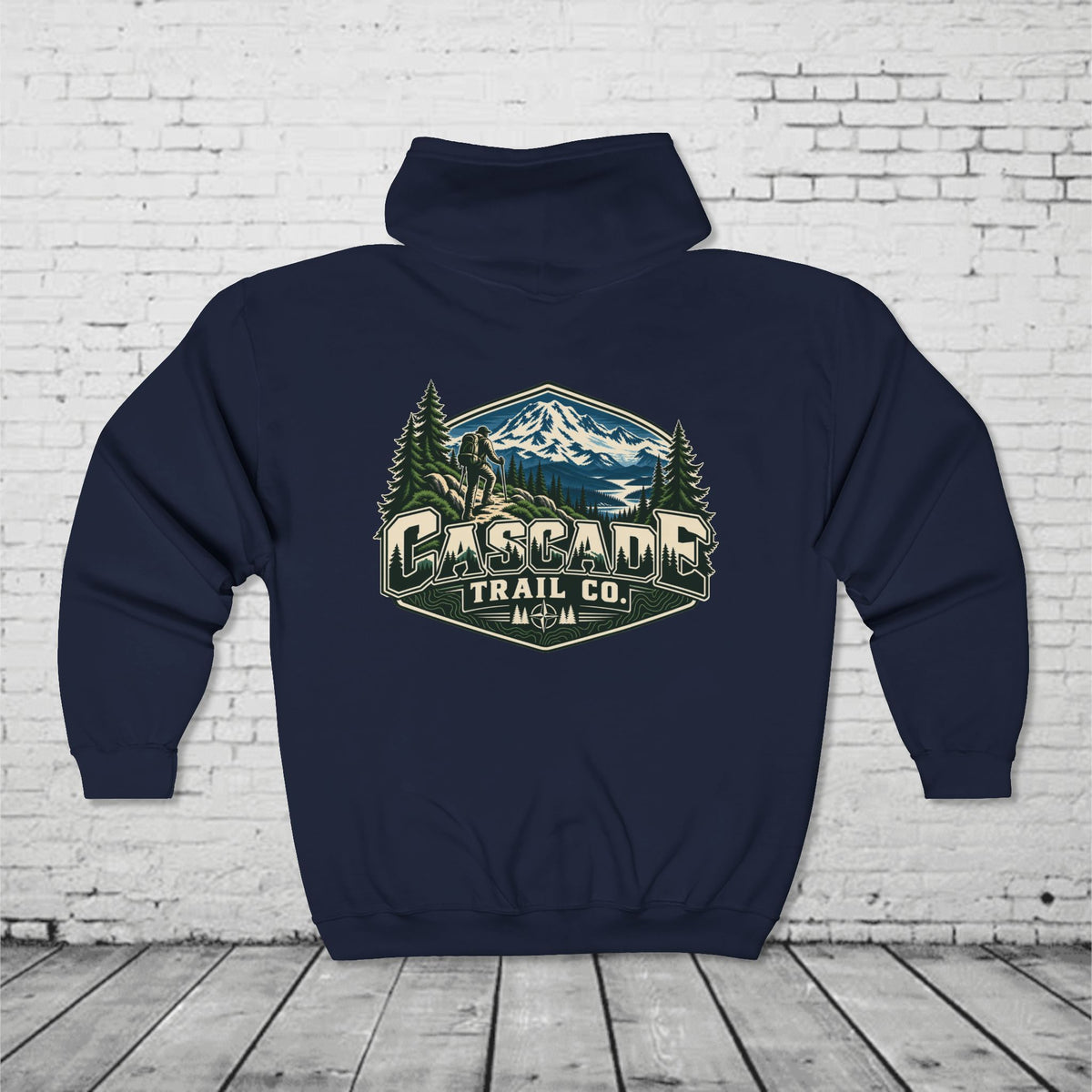Cascade Trail Co. Full-Zip Hoodie – PNW Mountain Hiker Outdoor Back Graphic