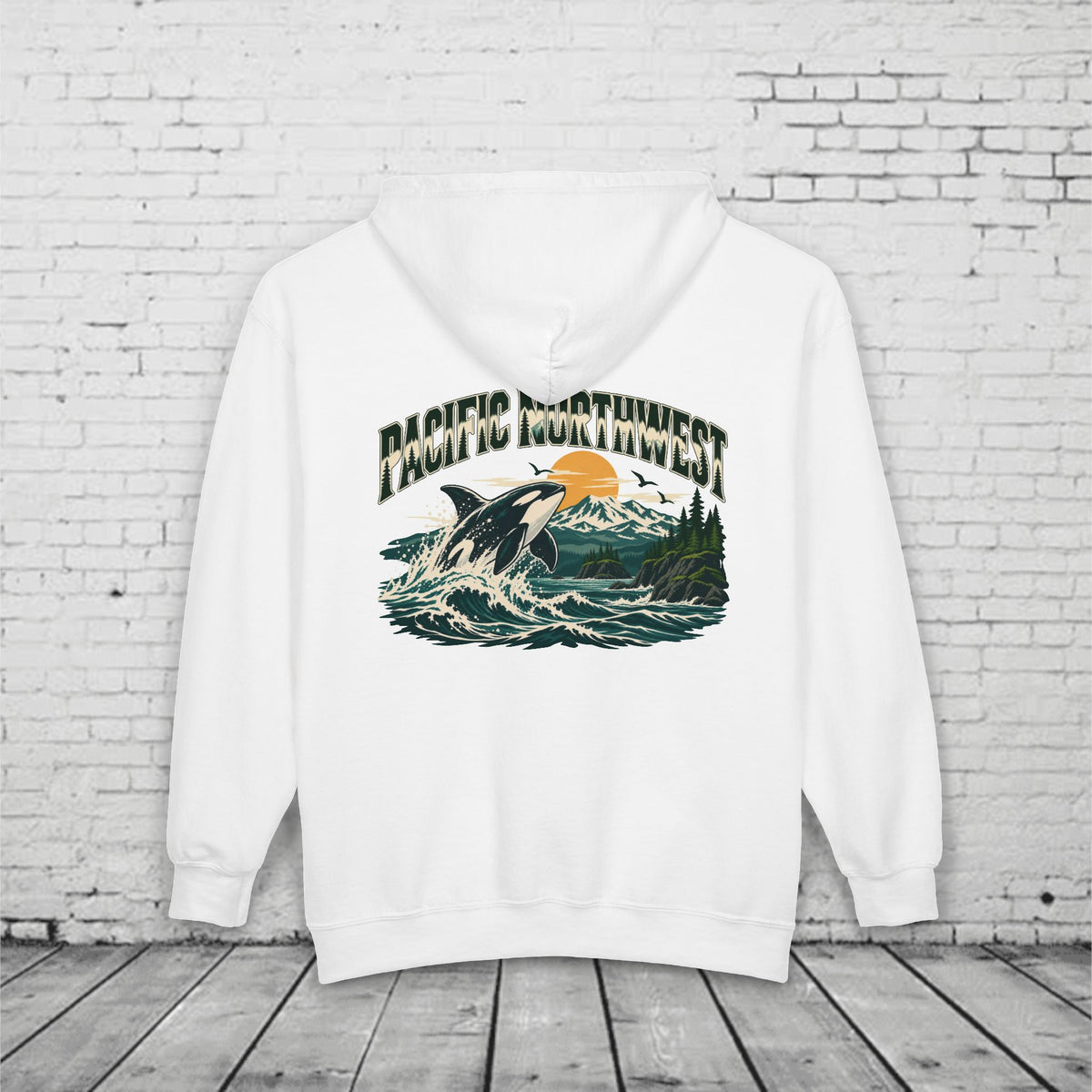 Pacific Northwest Orca Full-Zip Hoodie – PNW Mountain & Ocean Back Graphic