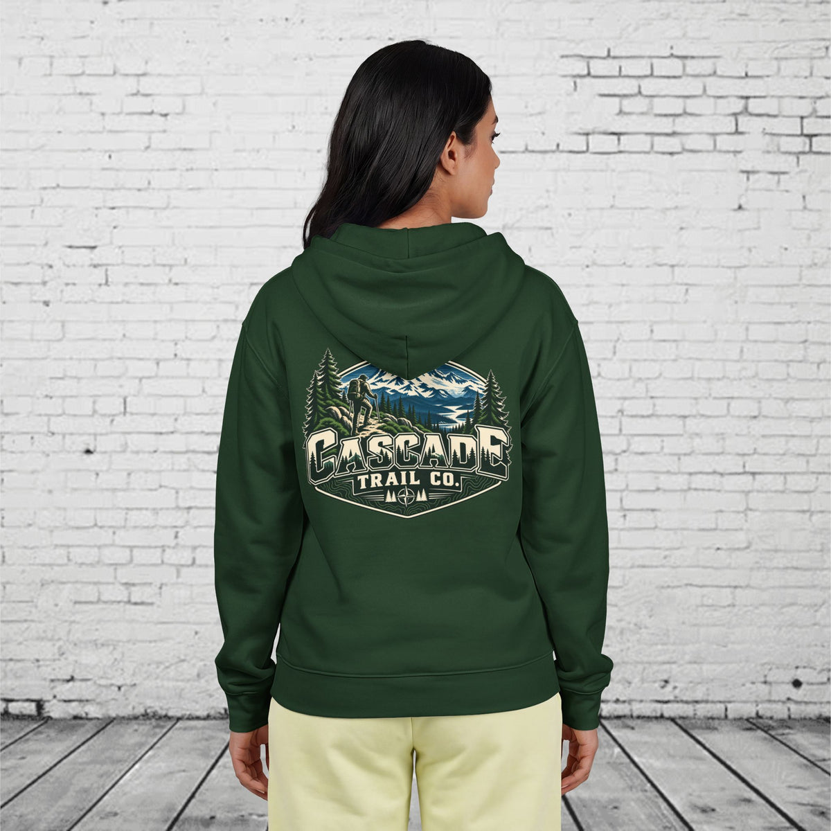 Cascade Trail Co. Full-Zip Hoodie – PNW Mountain Hiker Outdoor Back Graphic