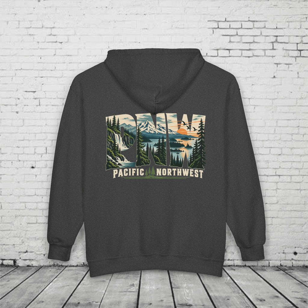 PNW Pacific Northwest Scenic Full-Zip Hoodie – Mountain Forest Waterfall Back Graphic