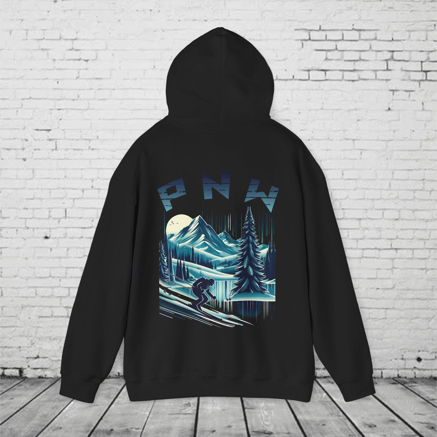 PNW Ski Hoodie – Retro Pacific Northwest Mountain Skiing Hoodie | Unisex Heavy Blend Winter Sweatshirt