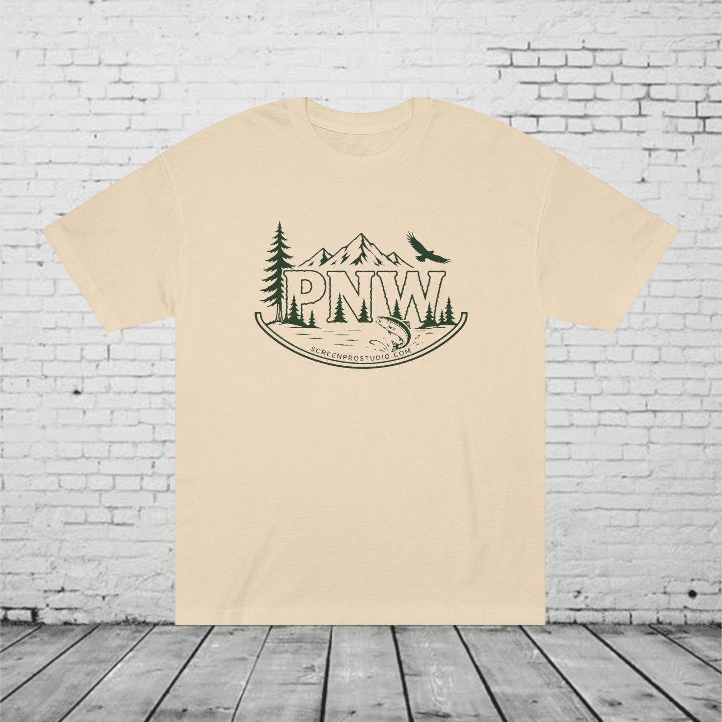 PNW Forest Badge T-Shirt | Pacific Northwest Mountain, Pine Tree & Salmon Graphic Tee