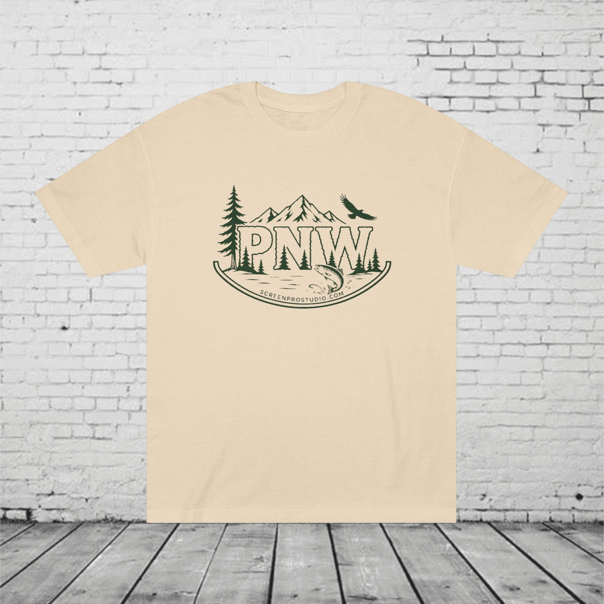 PNW Forest Badge T-Shirt | Pacific Northwest Mountain, Pine Tree & Salmon Graphic Tee