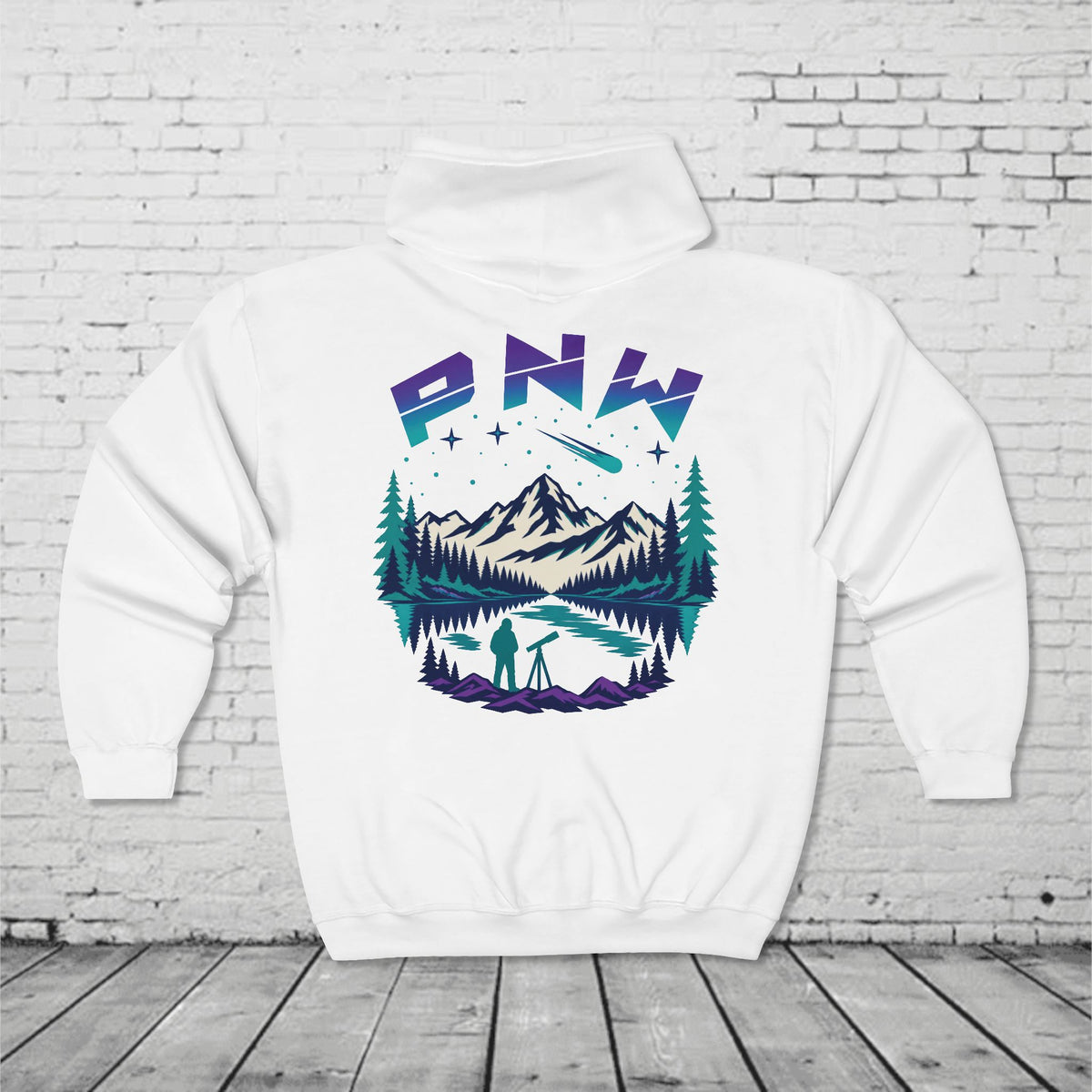 PNW Stargazer Full-Zip Hoodie – Pacific Northwest Mountain Night Sky Adventure Sweatshirt