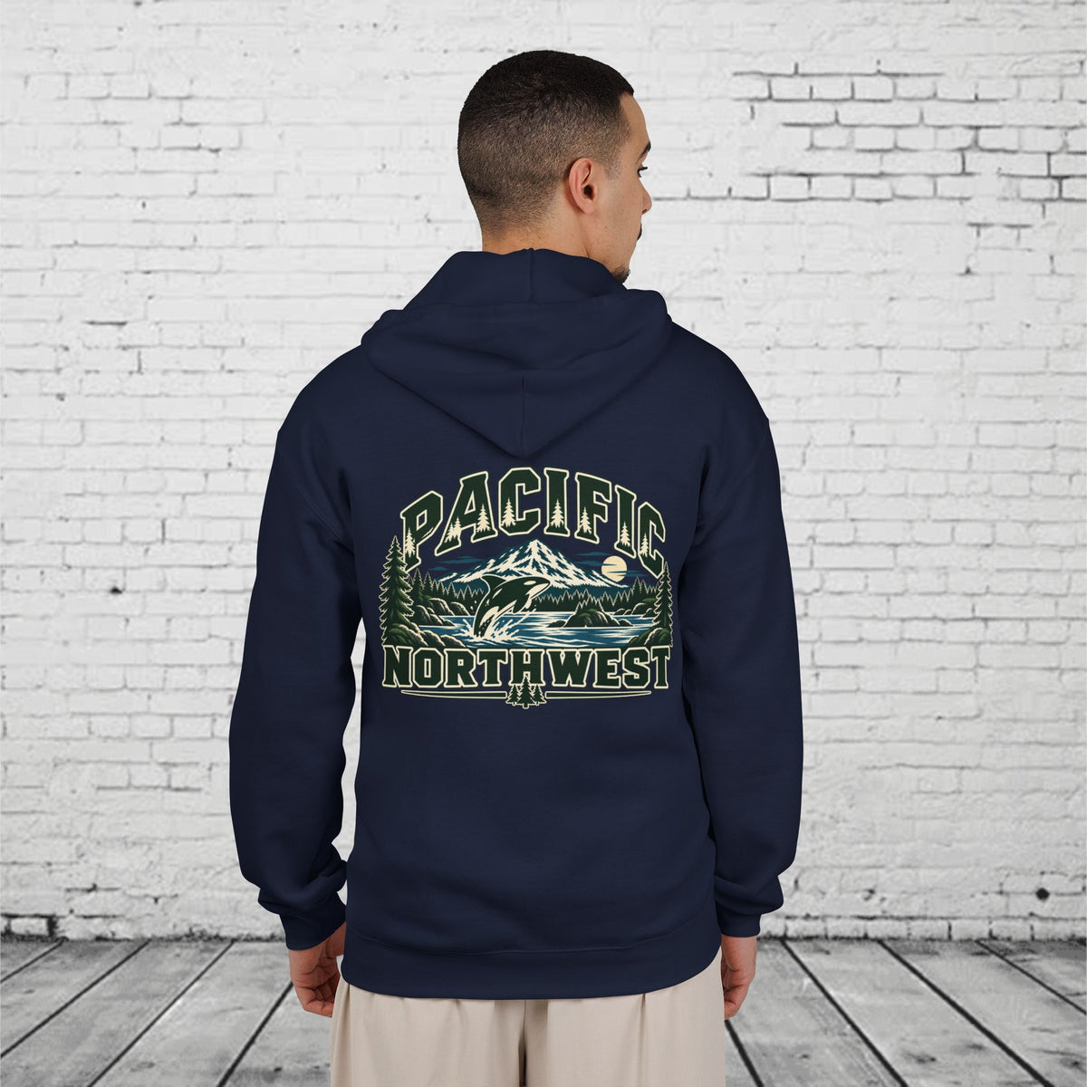 Wild Pacific Orca Full-Zip Hoodie – Pacific Northwest Mountain & Ocean Back Graphic