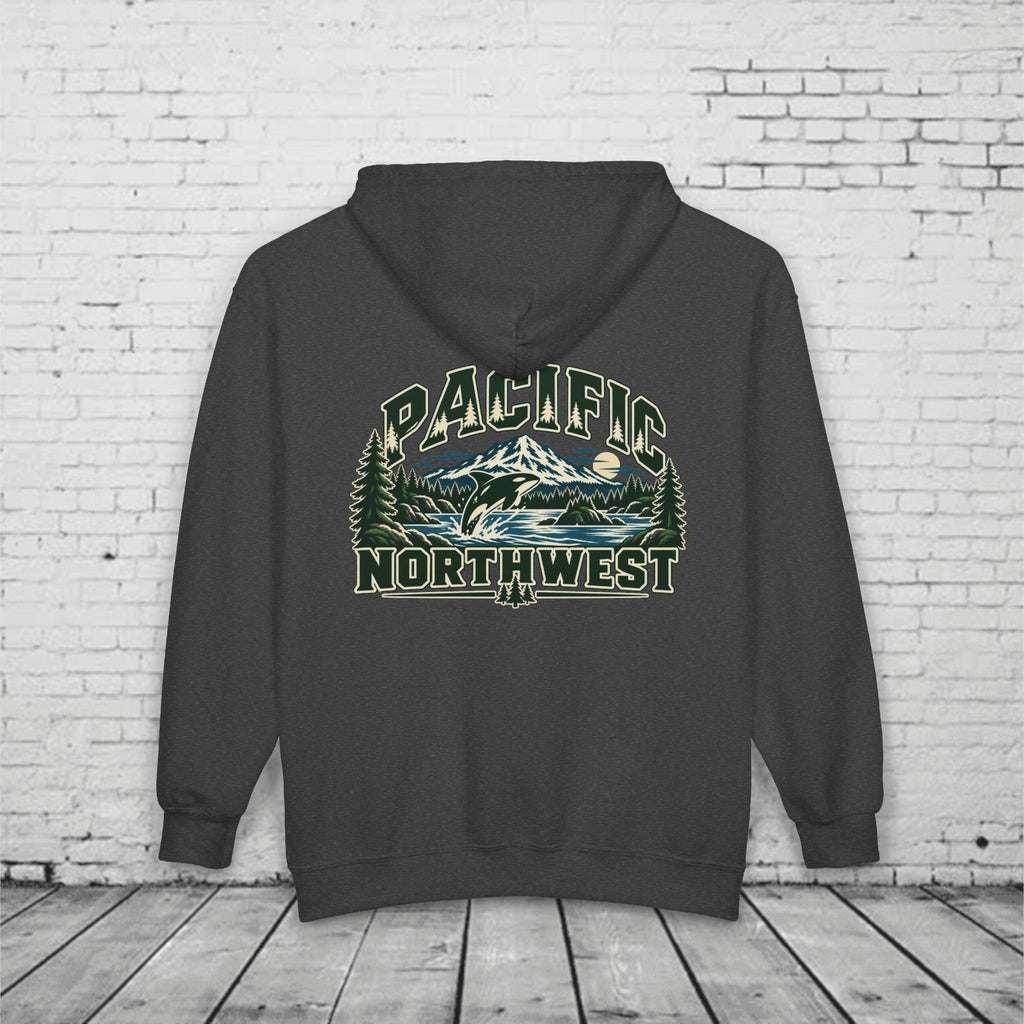 Wild Pacific Orca Full-Zip Hoodie – Pacific Northwest Mountain & Ocean Back Graphic
