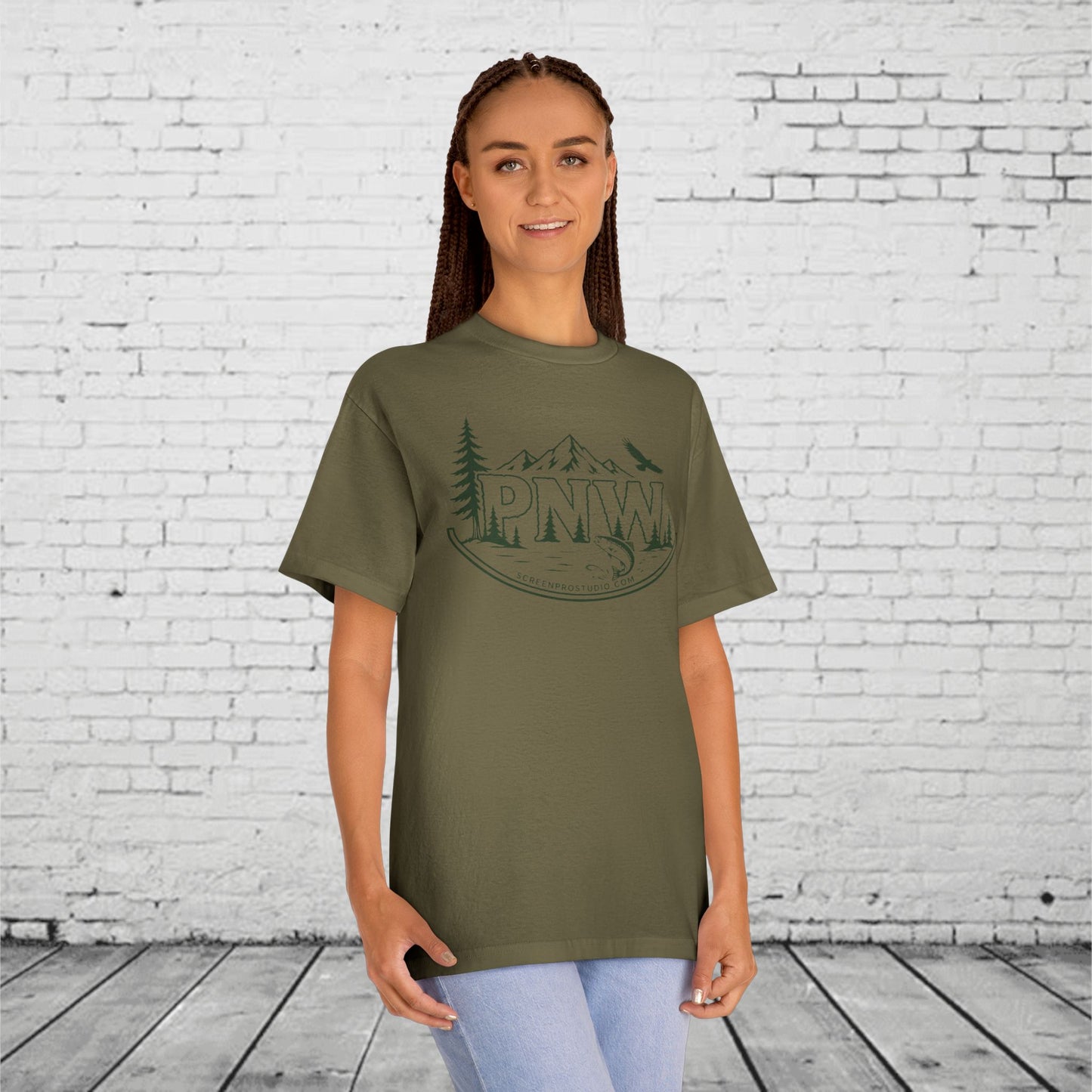 PNW Forest Badge T-Shirt | Pacific Northwest Mountain, Pine Tree & Salmon Graphic Tee