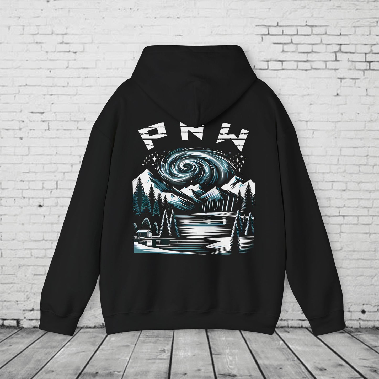 PNW Mountain Night Sky Hoodie – Pacific Northwest Forest Graphic Sweatshirt