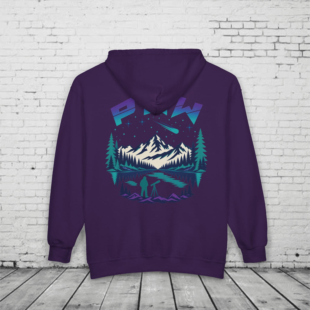 PNW Stargazer Full-Zip Hoodie – Pacific Northwest Mountain Night Sky Adventure Sweatshirt