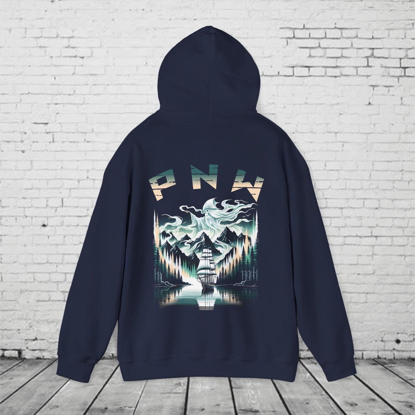 Pacific Northwest Hoodie – PNW Foggy Forest Sailing Ship Sweatshirt, Mystic Adventure Hoodie, Unisex Heavy Blend Pullover
