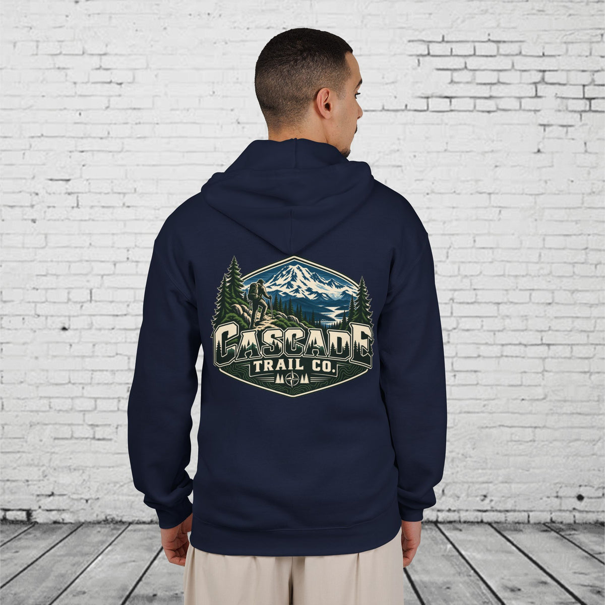 Cascade Trail Co. Full-Zip Hoodie – PNW Mountain Hiker Outdoor Back Graphic