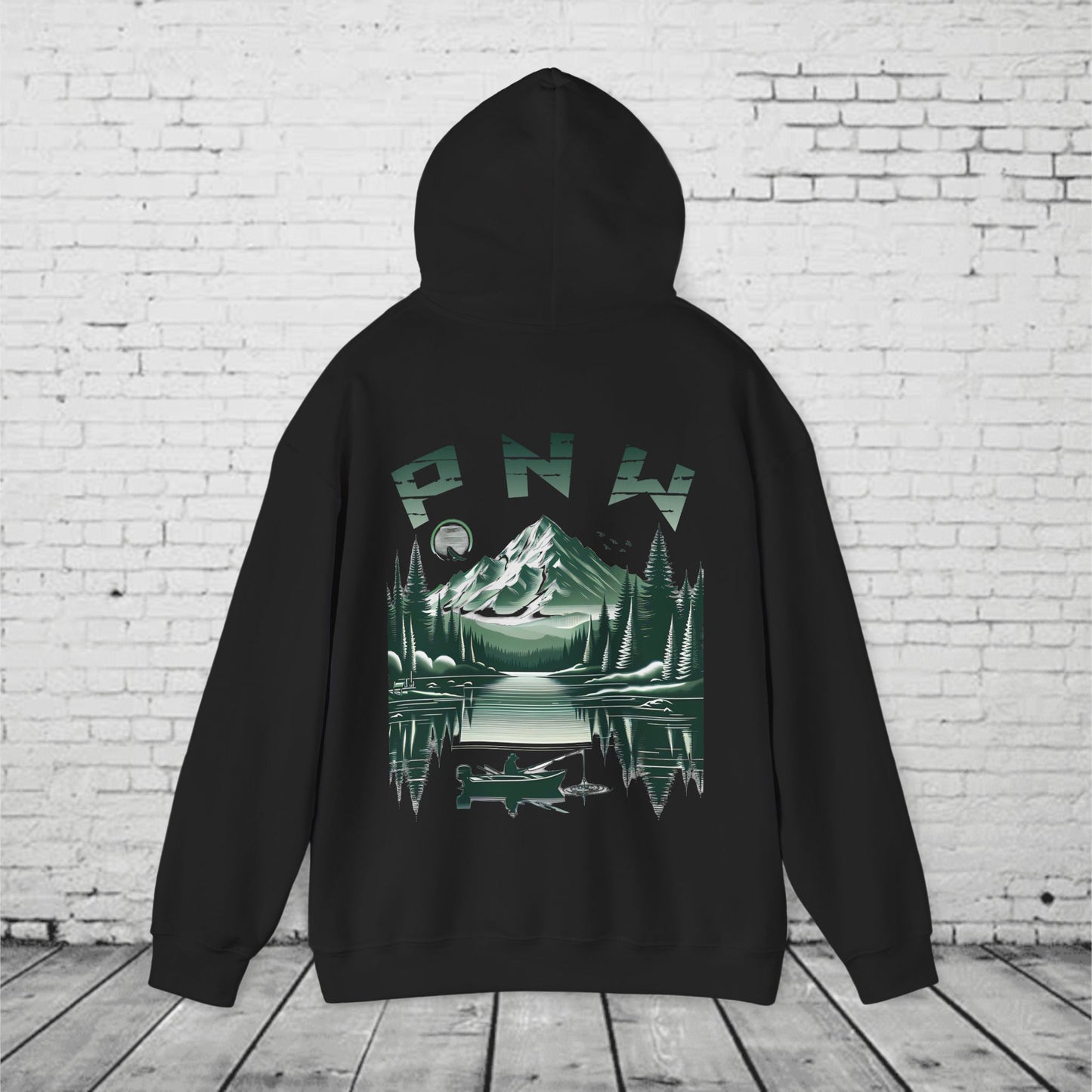 PNW Fishing Hoodie – Scenic Mountain & Lake Graphic | Pacific Northwest Adventure Sweatshirt