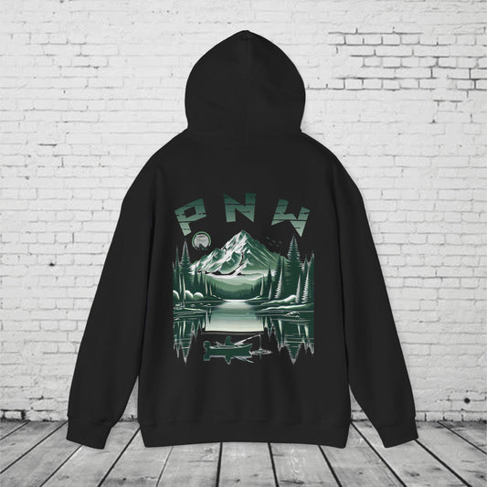 PNW Fishing Hoodie – Scenic Mountain & Lake Graphic | Pacific Northwest Adventure Sweatshirt