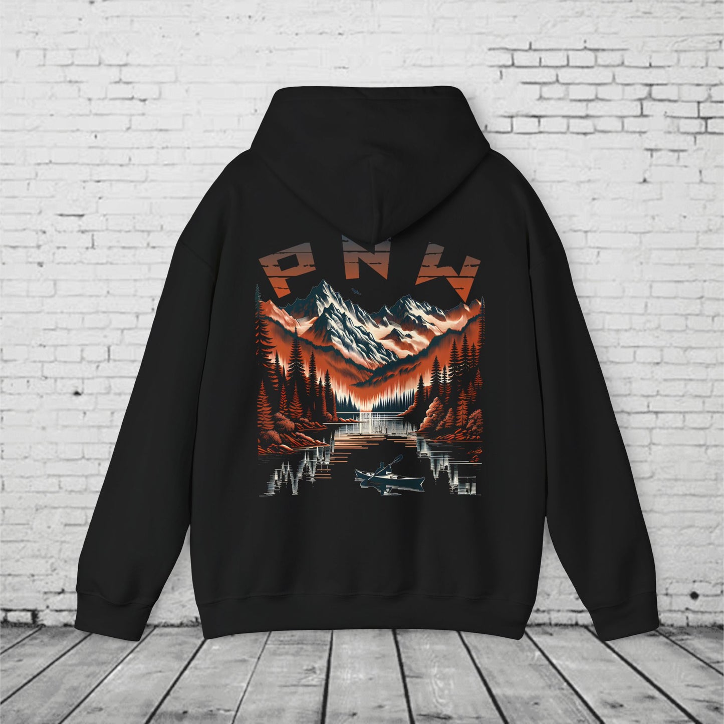 PNW Adventure Hoodie – Kayak & Mountain Wilderness Graphic, Pacific Northwest Unisex Sweatshirt