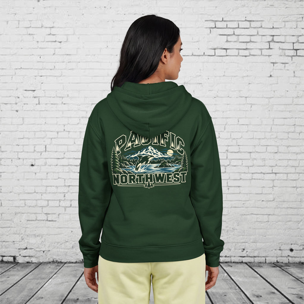 Wild Pacific Orca Full-Zip Hoodie – Pacific Northwest Mountain & Ocean Back Graphic