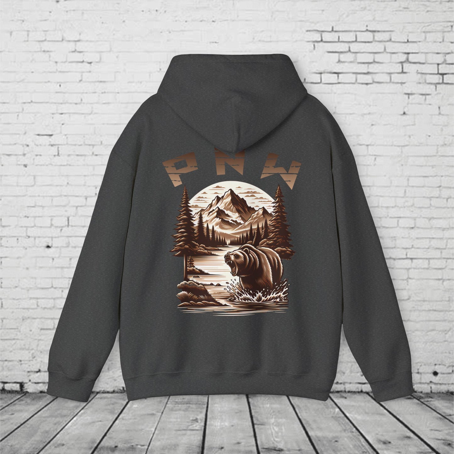 PNW Bear Hoodie – Pacific Northwest Mountain Wilderness Sweatshirt, Unisex Heavy Blend